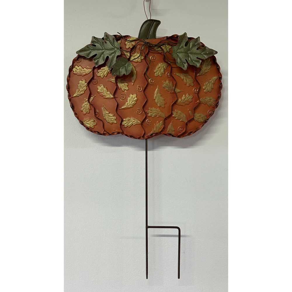 Metal Pumpkin Garden Stake Fall Harvest Outdoor Decor Embossed Leaf Orange 24"